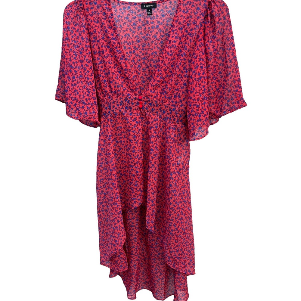 & harmony Womens Red Blue Floral High-Low V-Neck Flutter Sleeve Dress Cover-up M